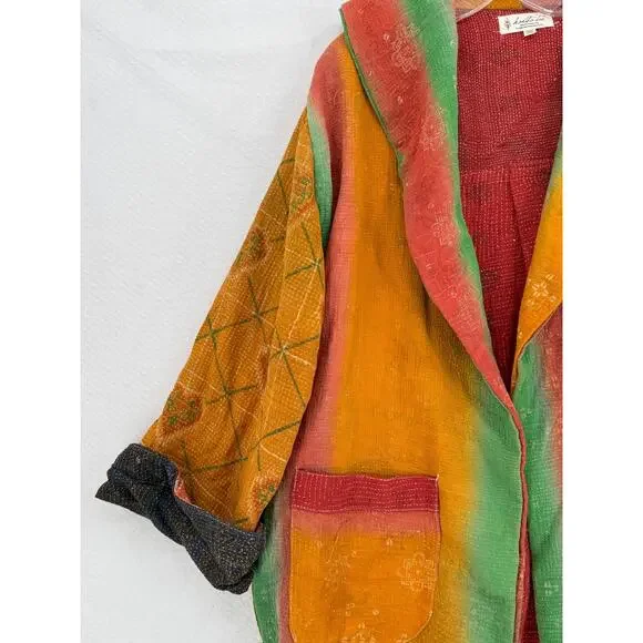 Kantha Bae Womens Colorful Orange Gauze Boho Open 3/4 Sleeve Jacket Free Size